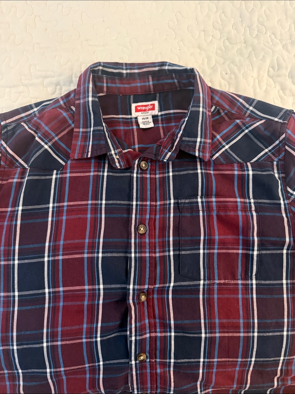 Wrangler Kids Burgundy and Navy Plaid Button-Down Shirt